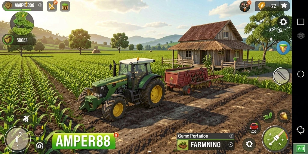 Tampilan gameplay menarik dari AMPER88 menunjukkan aktivitas bertani yang seru.