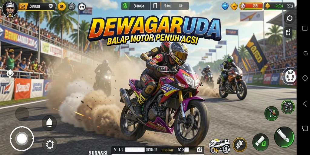 Gameplay cepat dan seru dalam DEWAGARUDA dengan motor balap.