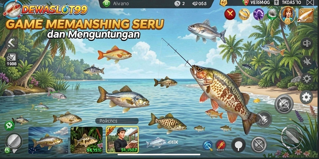 Tampilan gameplay DEWASLOT99 yang penuh warna dengan ikan yang beragam.