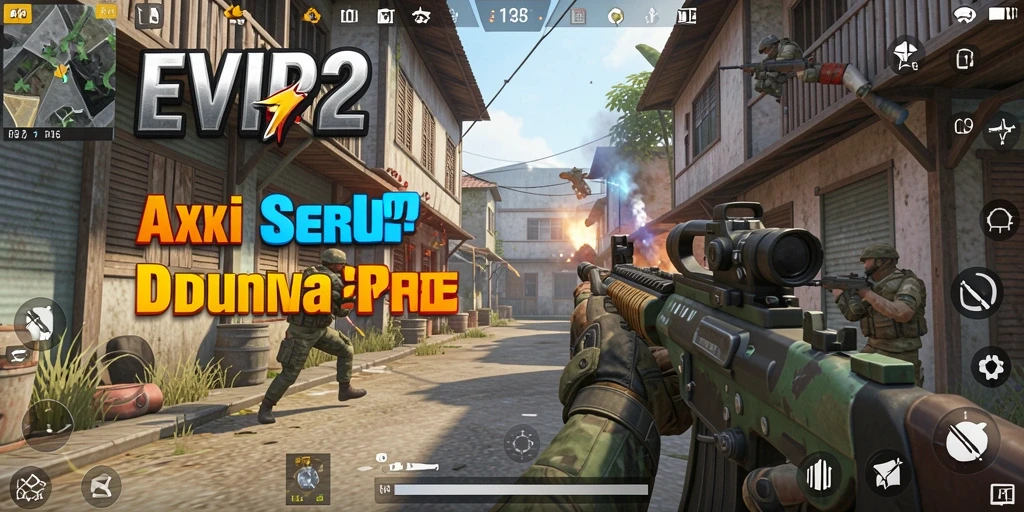 Screenshot gameplay EVIP2 menampilkan aksi tembak-menembak yang intens.