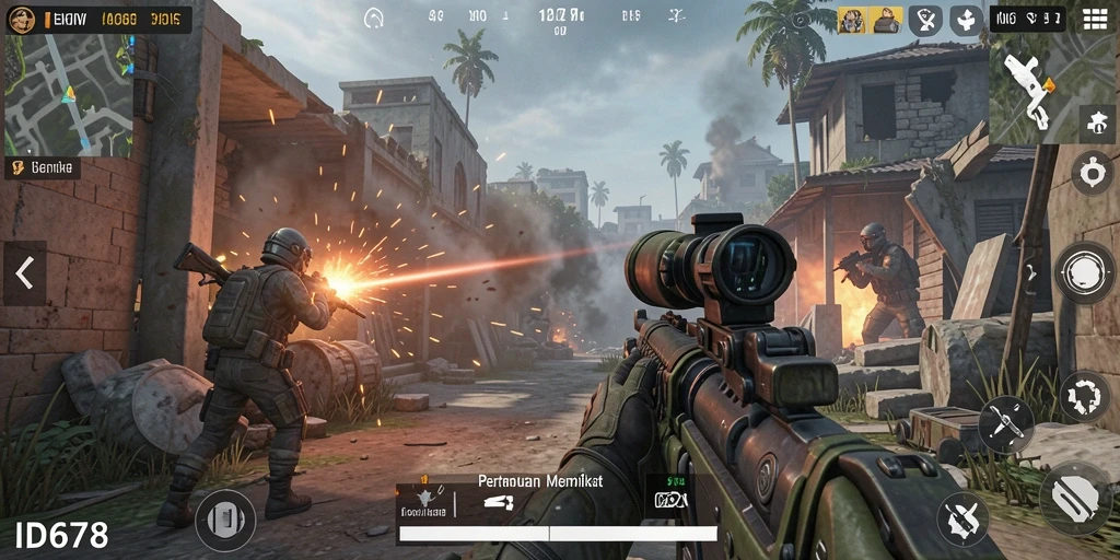 Screenshot utama ID678 menampilkan aksi intens dan grafis menawan dalam permainan FPS.