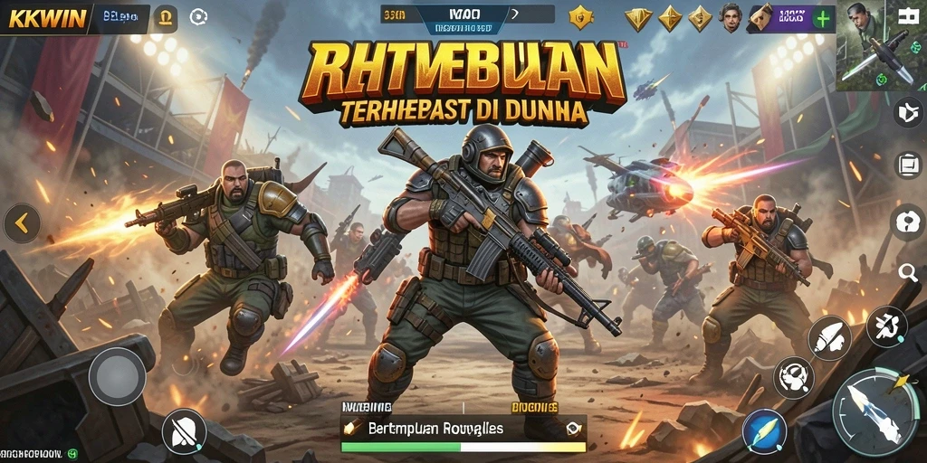 Screenshot gameplay KKWIN menampilkan pertempuran intens dalam mode Battle Royale.