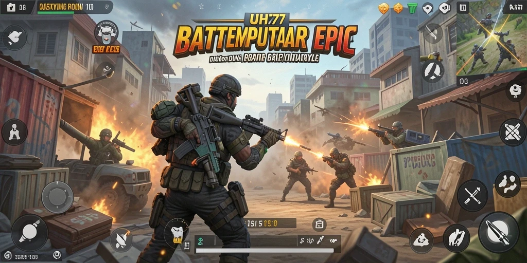 Tampilan seru gameplay UH77 dengan aksi Battle Royale yang menegangkan.